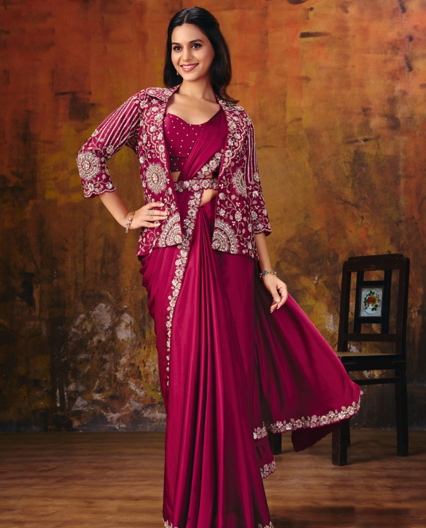 27104-A - Rani Pink Embroidered Wedding Party Designer Saree